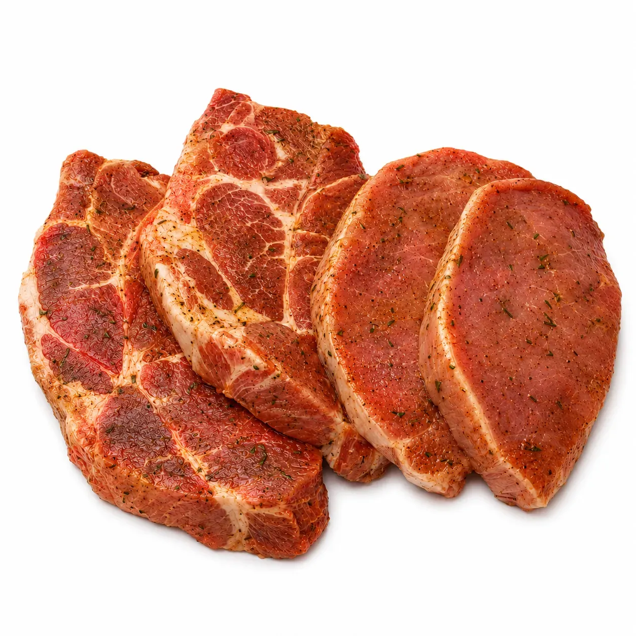 Marinierte Karree- und Schopfsteaks zum Grillen.
